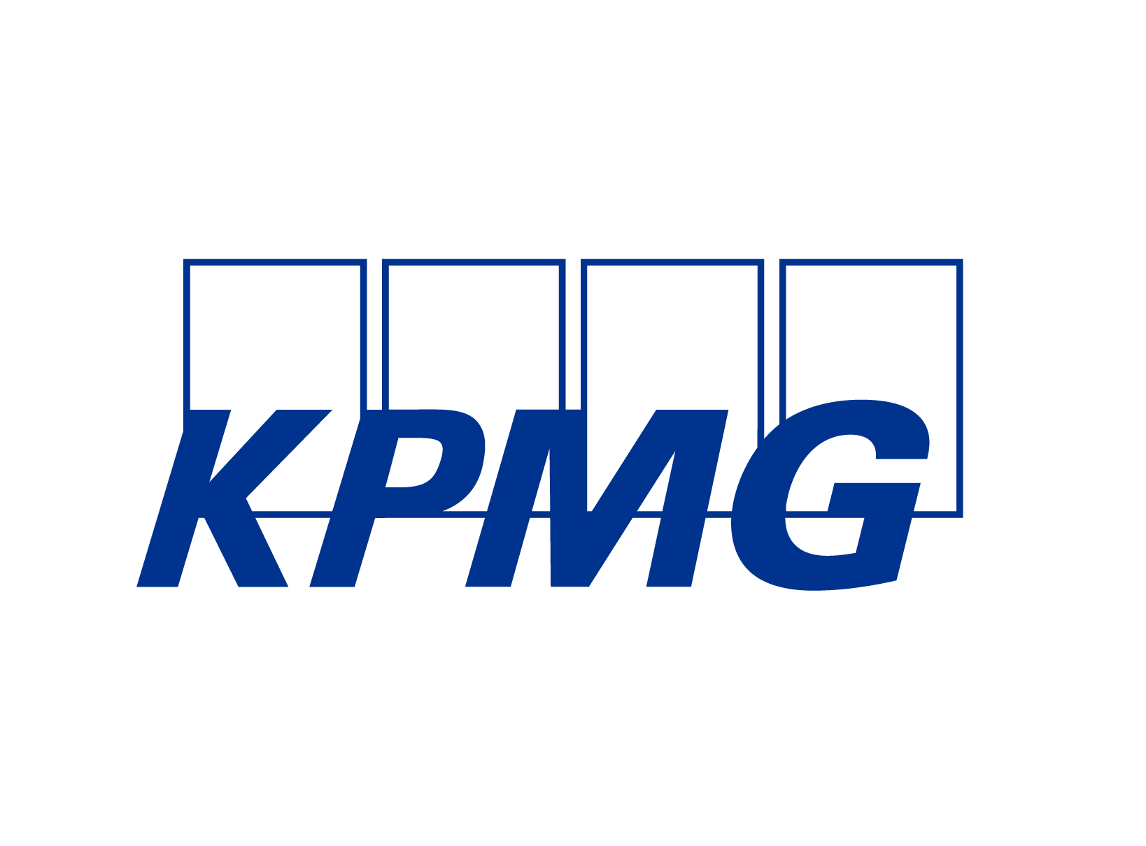 Capital letters KPMG in bold blue italic print